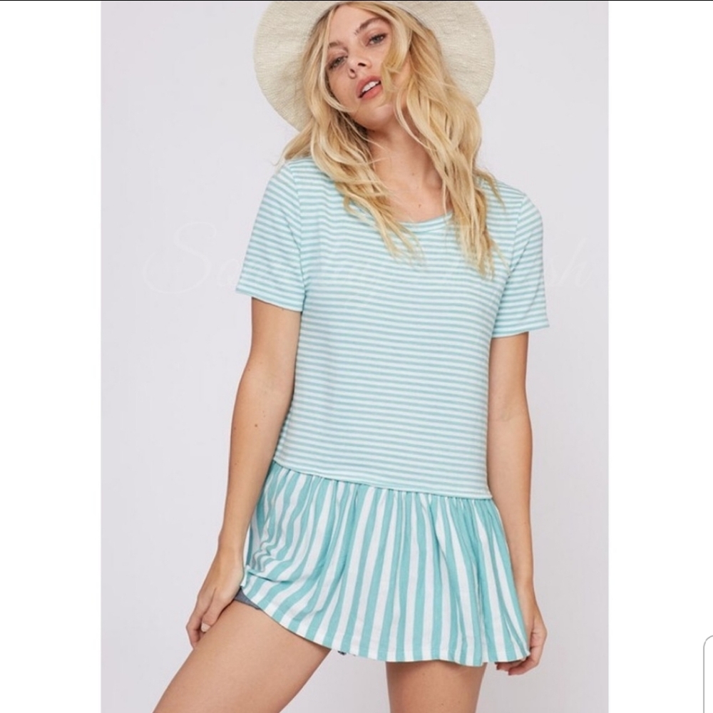 Teal & White Striped Peplum Flowy Top